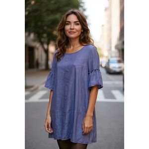 NAIF Petite Criss Cross Back Ruffle‎ Sleeve Blue Dress